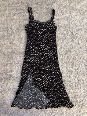 Blue Rain Black Midi Dress with Cream Polka Dots